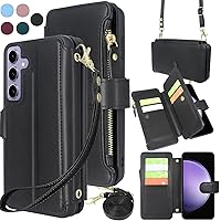 Harryshell Crossbody for Samsung Galaxy S23 FE 5G Case Wallet [8 Card Slots] with [Theft-Scan Blocking],Cash Coin Zipper Pocket Long Shoulder & Wrist Strap for S23Fe (Black)