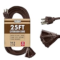 25 ft Brown Extension Cord with 3 Electrical Power Outlet - 16/3 SJTW Heavy Duty Cable with 3 Prong Plug for Safety, 13 AMP for Deck, Patio, Garden, Lawn, Landscaping & Outdoor Lights