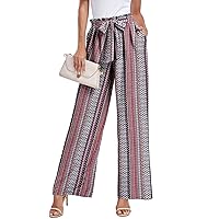 Womens Wide Leg Pants High Waist Flowy Adjustable Knot Loose Trousers Casuals Lounge Business Pants with Pockets