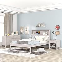 3 Pieces Bedroom Set Full Size Platform Bed with Nightstand and Dresser, USB Port, Solid Wood Bedroom Furniture Set Perfect for Kids/Teens/Adults Bedroom (Antique White)