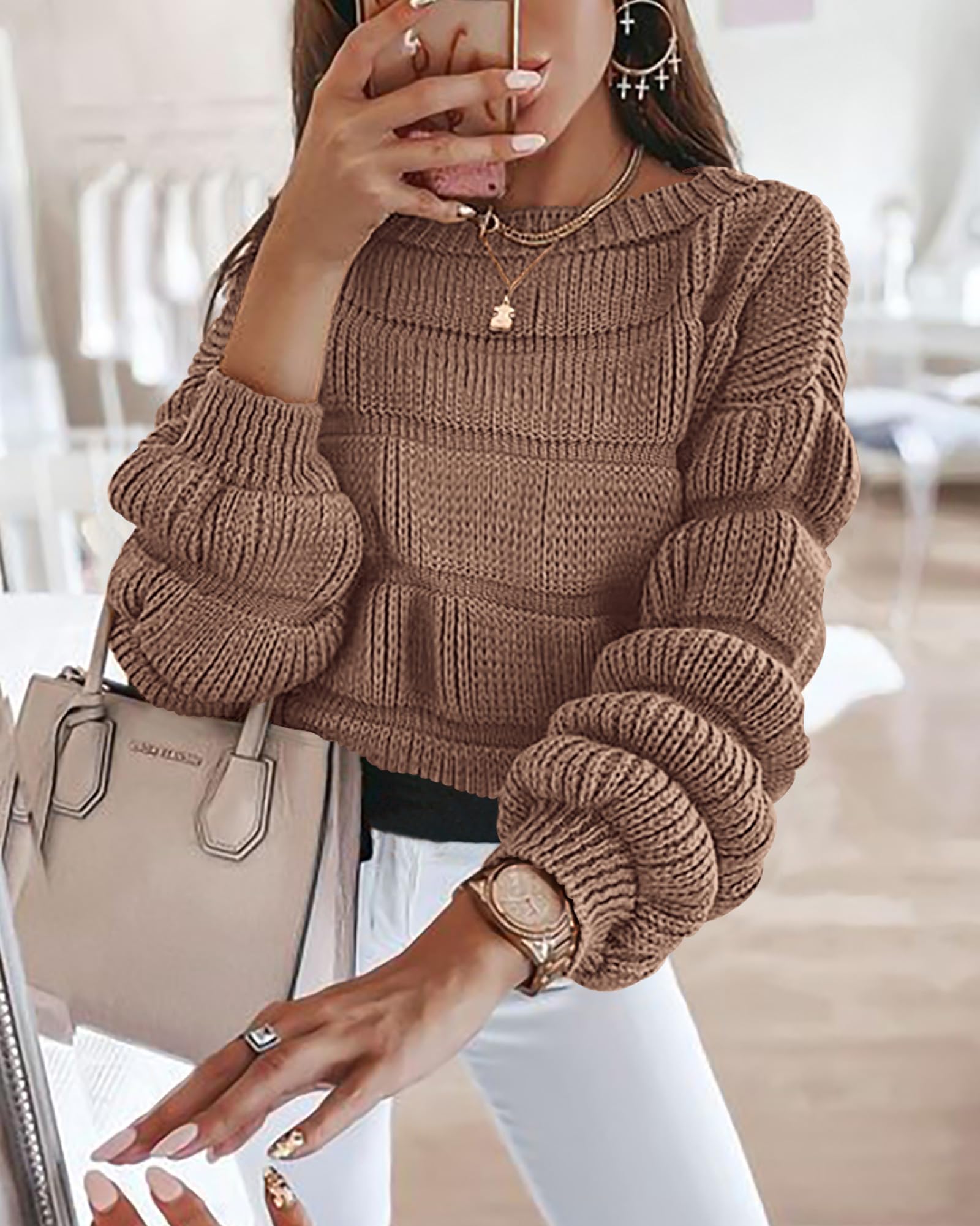 KIRUNDO Womens Sweaters 2023 Fashion Fall Winter Casual Puff Sleeve Crew Neck Loose Soft Chunky Knit Pullover Jumper Tops