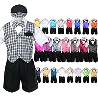 7pc Baby Boy Black Formal Shorts Check Suits Extra Vest Bow Tie Sets S-4T