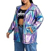 MakeMeChic Women's Plus Size Zip Up Hooded Metallic Jacket Y2K Long Sleeve Coat Outerwear