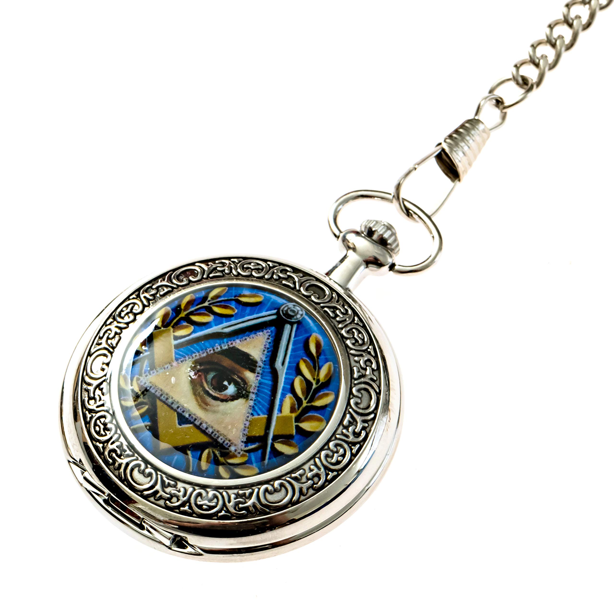 All Seeing Eye Masonic Pocket Watch - [Silver & Blue][2'' Diameter]