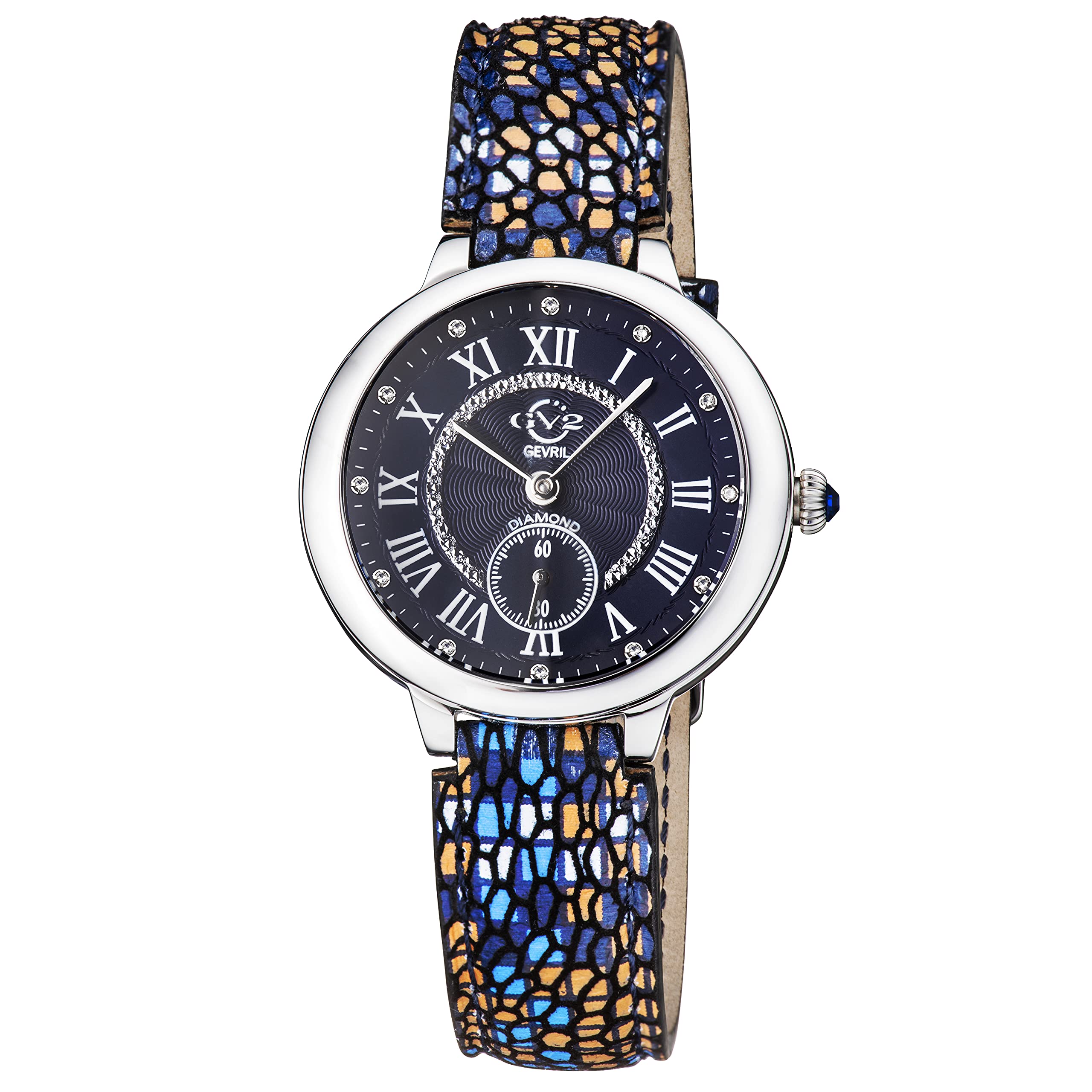 GV2 by Gevril Women's Stainless Steel Swiss Quartz Watch with Leather Strap, Blue Multi, 16 (Model: 12205S)