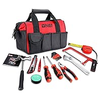 DNA MOTORING 19-Piece Red Tool Set - Portable Household Hand Tool Kit with Wide Mouth Canvas Storage Bag for DIY Home Repairing, Gift for Women Girls Ladies, TOOLS-00204