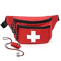 Lifeguard Fanny Pack Red with Whistle Lanyard - Baywatch Style First Aid Hip Pack, Adjustable Strap, Cross Logo + Zipper Pouch, 1 Pack