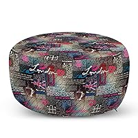 London Pouf Cover with Zipper, Grungy Newspaper Page Style Collage Lipstick Kiss Marks Coffee Flag Telephone Booth, Soft Decorative Fabric Unstuffed Case, 30