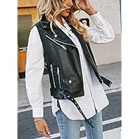 Jackets for Women Jackets - Zip Up Belted Leather Moto Vest Jacket Without Blouse (Color : Black, Size : Medium)