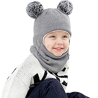 Baby Winter Hat, Kids Knitted Hat, Toddler Cotton Hood Scarf Earflap with Pompom, 1-4 Years (Grey)