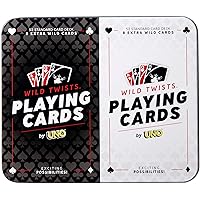 Mattel Games Wild Twists Playing Cards by UNO Brand, 2 Sets of Standard 52-Card Deck Plus 8 Special Wild Cards in Storage Tin