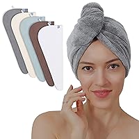 5 Pack Thicken Microfiber Hair Towel Wrap for Women - Elastic Loop Design - 320GSM Coral Velvet - Quick Dry Hair Turban - 11x28 Inch (Cream+White+Brown+Light Teal+Grey, 5)