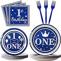 96pcs 1st Birthday Party Supplies Decorations for Boys Blue One Birthday Party Disposable Plate Napkins Tableware Set Baby Boy's One Year Old Party Favors, Serve 24