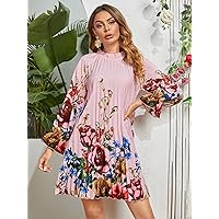 Summer Dresses for Women 2022 Floral Print Frilled Neck Bell Sleeve Pleated Dress Dresses for Women (Color : Multicolor, Size : Large)