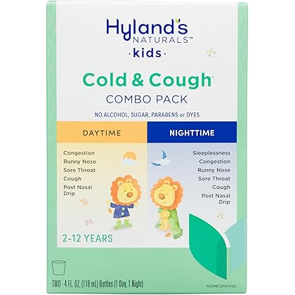 Hyland's Naturals Kids Cold & Cough, Day and Night Combo Pack, Cold Medicine for Ages 2+, Syrup Cough Medicine for Kids, Nasal Decongestant, Allergy Relief, 4 Fl Oz (Pack of 2)