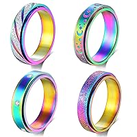 Anxiety Rings Fidget Rings for Women Spinner Rings for Teen Girls 4Pcs 6MM Rainbow Titanium Steel Rings Size 5-11