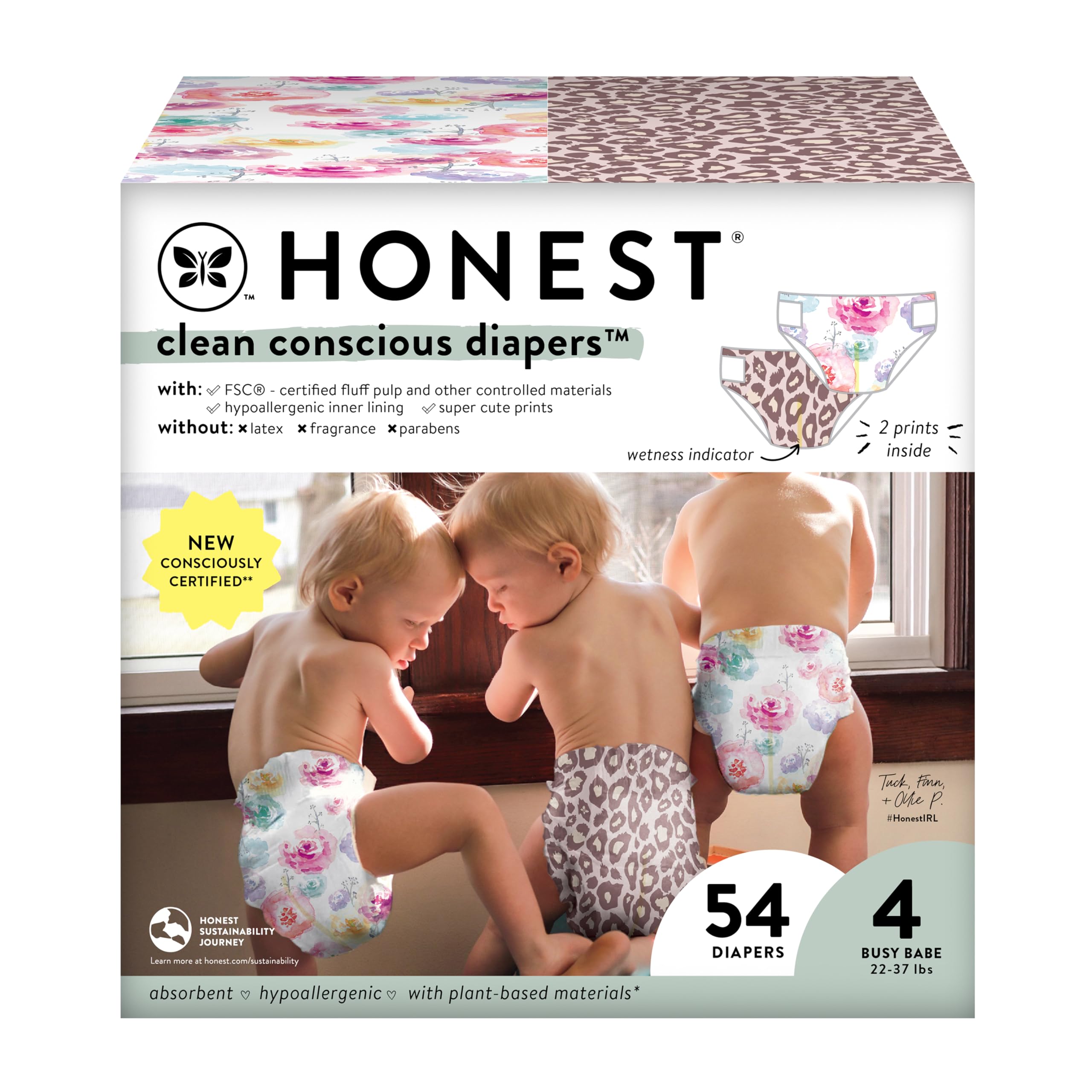 The Honest Company Clean Conscious Diapers | Plant-Based, Sustainable | Wild Thang + Rose Blossom | Club Box, Size 4 (22-37 lbs), 54 Count