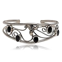 $250Tag Certified Silver Navajo Natural Onyx Native Flower Cuff Bracelet 12946-4 Made by Loma Siiva