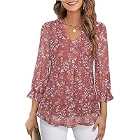 Youtalia Women's Ruffle 3/4 Sleeve Tunic Tops Floral Blouses Casual Double Layers V Neck Dressy Shirts