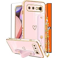 Likiyami (3in1 for Samsung Galaxy S10 Case Heart Women Girls Cute Girly Aesthetic Trendy Luxury Pretty with Loop Phone Cases Gold Plating Love Hearts Cover+Screen+Chain for Galaxy S10 6.1