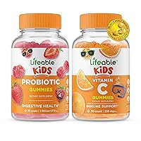Lifeable Probiotic 2 Billion CFU Kids + Vitamin C Kids, Gummies Bundle - Great Tasting, Vitamin Supplement, Gluten Free, GMO Free, Chewable Gummy