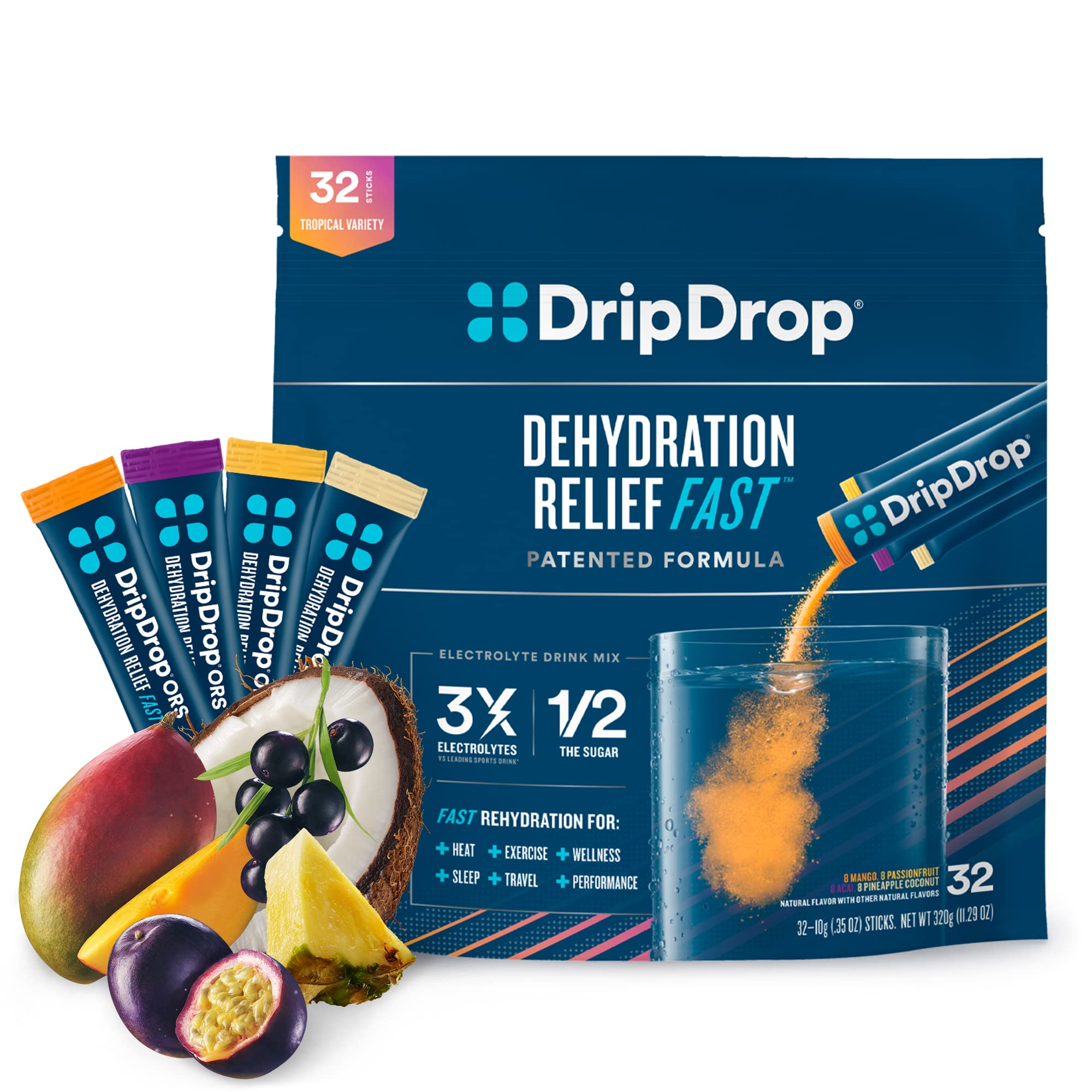 DripDrop Hydration - Electrolyte Powder Packets - Mango, Acai, Passion Fruit, Pineapple Coconut - 32 Count