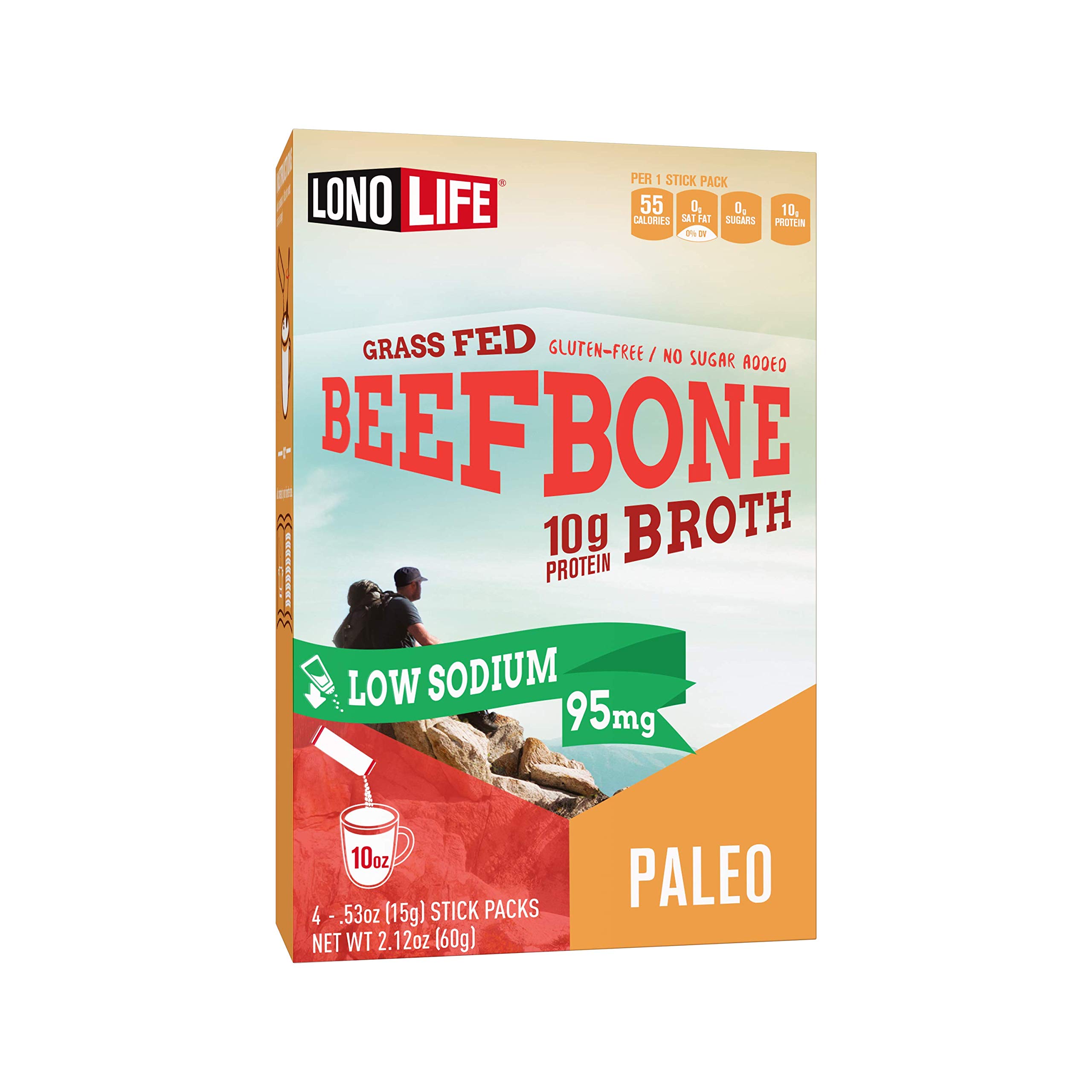 LonoLife - Low Sodium Beef Bone Broth Sticks - 10g Collagen Protein - Grass-Fed, Gluten-Free - Keto & Paleo Friendly - Portable Individual Packets ...