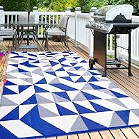 Outdoor Rug Mat for Patio, 6x9ft Waterproof Reversible Plastic Straw Rugs, Camping Carpet Area Mats for RV, Porch, Deck, Backyard, Balcony, Camper, Trailer, Blue & White