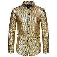 Men's Bronzing Long Sleeve Button Down Lapel Shirt Disco Party Christmas Ball Costume Shirt