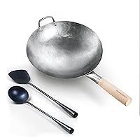Mammafong Round Bottom 14-inch Traditional Wok with Pre-seasoned spatula & ladle - Authentic hand craft wok and utensil set