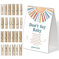 Sunshine Don't Say Baby Game for Baby Shower, Pack of One 5x7 Sign and 50 Mini Natural Clothespins, Boho Sunshine Baby Shower Decoration, Gender Neutral Party Supplies - SC19
