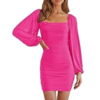 MEROKEETY Women Square Neck Lantern Long Sleeve Mesh Ruched Bodycon Clubwear Mini Dress