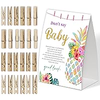 Hawaiian Pineapple Don't Say Baby Game for Baby Shower, Pack of One 5x7 Sign and 50 Mini Natural Clothespins, Tropical Baby Shower Decoration, Gender Neutral Party Supplies - SC11