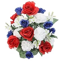 24 Stem Artificial Flowers Roses Carnation Blossom Mixed Bush Spring Faux Flower Indoor Wedding Home Decor, Cemetery Decorations for Grave, Red, White, Blue