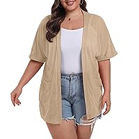 OLRIK Women's Summer Cardigan Plus Size Short Sleeve Open Front Lightweight Cardigan with Pockets Drape Beach Cover Up