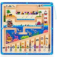 Magnetic Color and Number Maze - 2 Play Ways Montessori Toys for 3 4 5 Year Old, Wooden Magnetic Maze Board Matching Learning Counting Magnetic Puzzle Travel Toys for Toddler Boys Girls 3+, Pirate