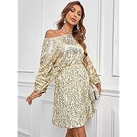 Dresses for Women - Batwing Sleeve Sequin Dress Fashion Dresses for Women (Color : Champagne, Size : Large)