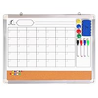 Whiteboard Monthly Wall Calendar Set - 24 x 18 inch Magnetic Dry Erase/Cork Board Planner with 1 Eraser, 4 Dry Wipe Markers, 4 Magnets and 10 Thumb Tacks - Small Hanging Framed White Bulletin Board