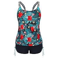 Hanna Nikole Tankini for Women Plus Size Two Piece Striped Strappy Top Elastic Side-Drawstring Shorts Swimsuits