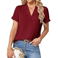 JASAMBAC Womens Casual Shirts Dressy Work Blouses Business Tunic V-Neck Short Sleeves Button Down Tshirts Tops