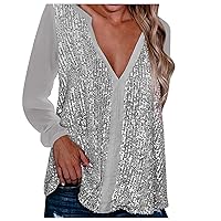 Womens Sexy V-Neck Sequin White T Shirt Color Block Long Sleeve Loose Casual Elegant Blouse Fall Pullover Tunic Tops