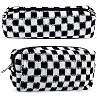 2Pcs Checkered Makeup Bag for Women Travel Medium Small Cosmetic Bag Set Cute Makeup Pouch Purse Zippered Toiletry Bag Organizer Preppy Y2K Trendy Aesthetic Makeup Brushes Storage Bag(Black)