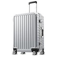 LUGGEX 24 Inch Luggage with Aluminum Frame, 61L Polycarbonate Zipperless Checked Medium Luggage, Silver Hard Shell Suitcase 4 Metal Corner