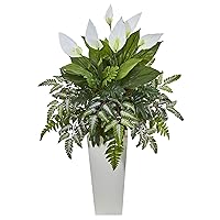 Nearly Natural Mixed Spathiphyllum Artificial Plant in White Tower Vase