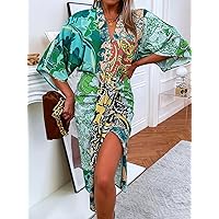 Fall Dresses for Women 2023 Floral & Paisley Print Neck Batwing Sleeve Dress Dresses for Women (Color : Multicolor, Size : Large)