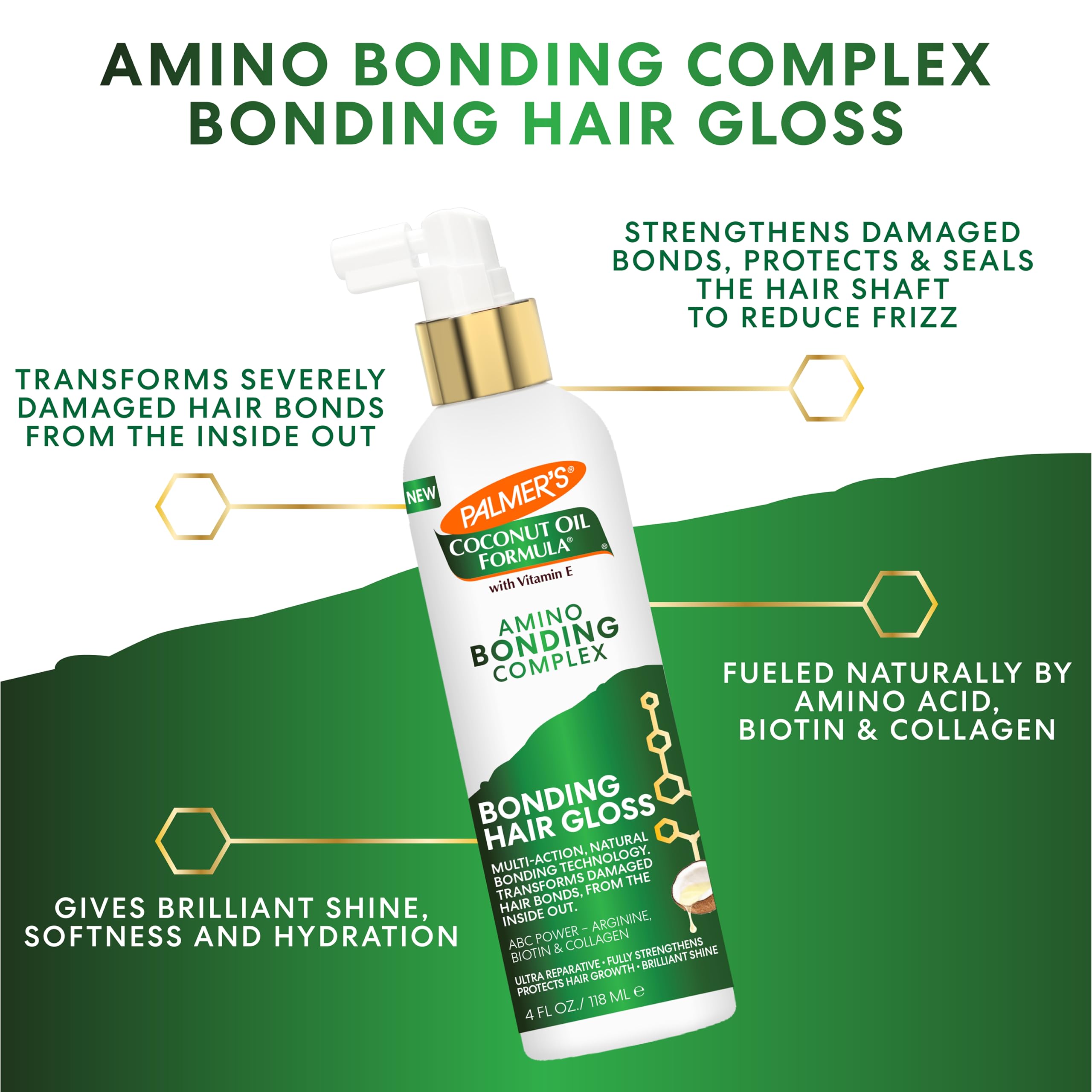 Palmer's Amino Bonding Complex Hair Gloss, Hair Shine Spray with Coconut Oil & Vitamin E, Hydrating, Heat Protectant, Anti Frizz, Adds Shine & Protects Hair Growth, All Hair Types, 4 fl. oz