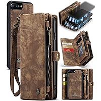 Wallet Case Cover for iPhone 6 Plus/6s Plus/7 Plus/8 Plus,2 in 1 Detachable Premium Leather PU with 8 Card Holder Slots Magnetic Zipper Pouch Flip Lanyard Strap Wristlet for Women Men Girls,Brown