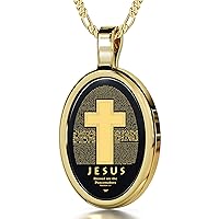Christian Cross Necklace Inscribed with Colossians and Matthew 5:9 in 24k Gold on Oval Black Onyx Stone, 18