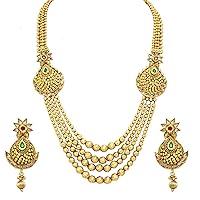 SANARA® Indian Bollywood Rani Haar Polki String Multi Layered Red Green Golden Beads Wedding Bridal 18K Gold Plated Necklace Earrings Set Costume Jewelry for Women/Girls