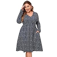 KOJOOIN Women's Plus Size V Neck A-Line Knee Length Wrap Swing Dresses Casual Loose Party Mini Dress with Pockets (Navy Blue Polka dots, 4XL)